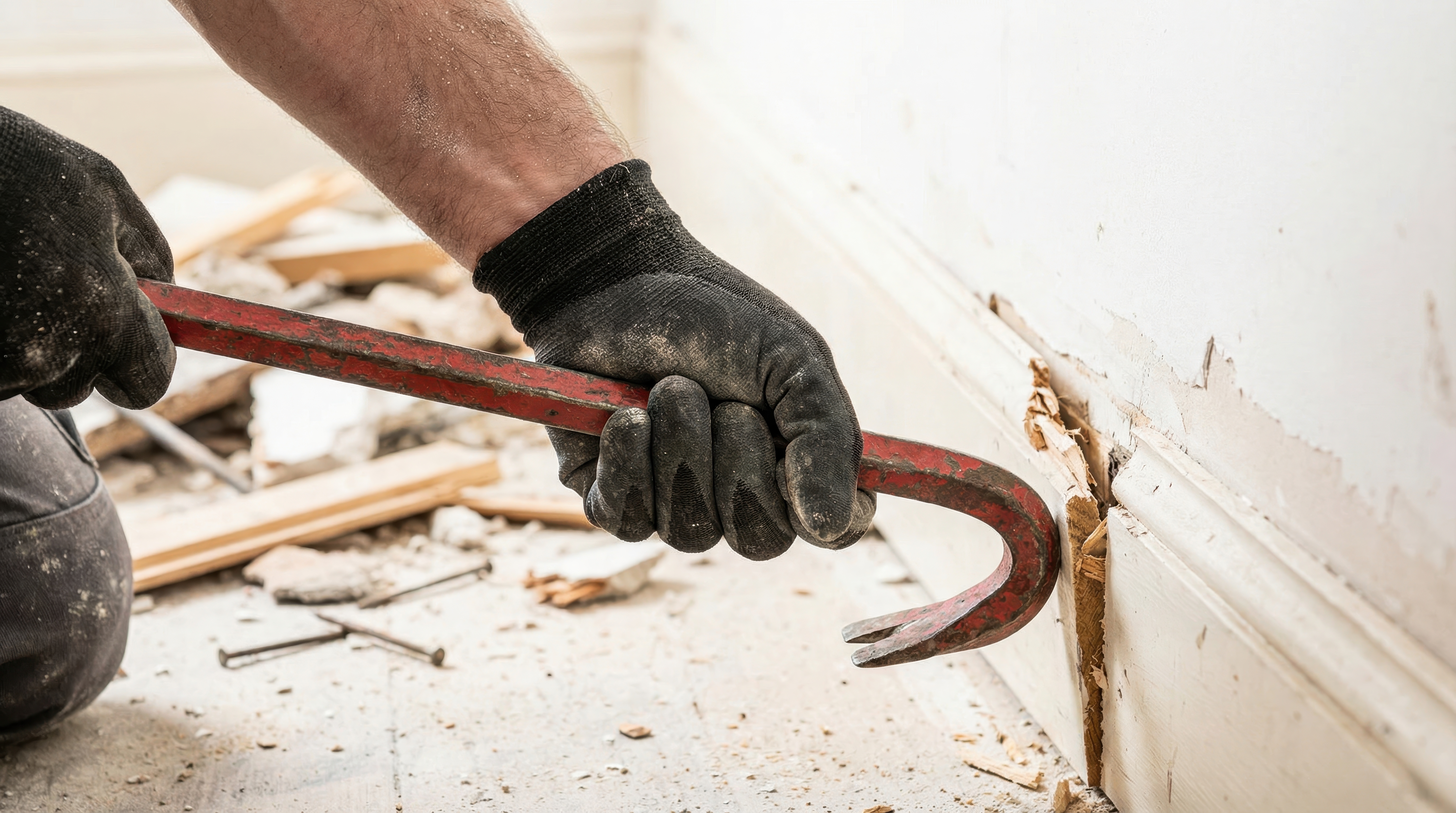 Construction worker using crowbar to remove old baseboards during renovation